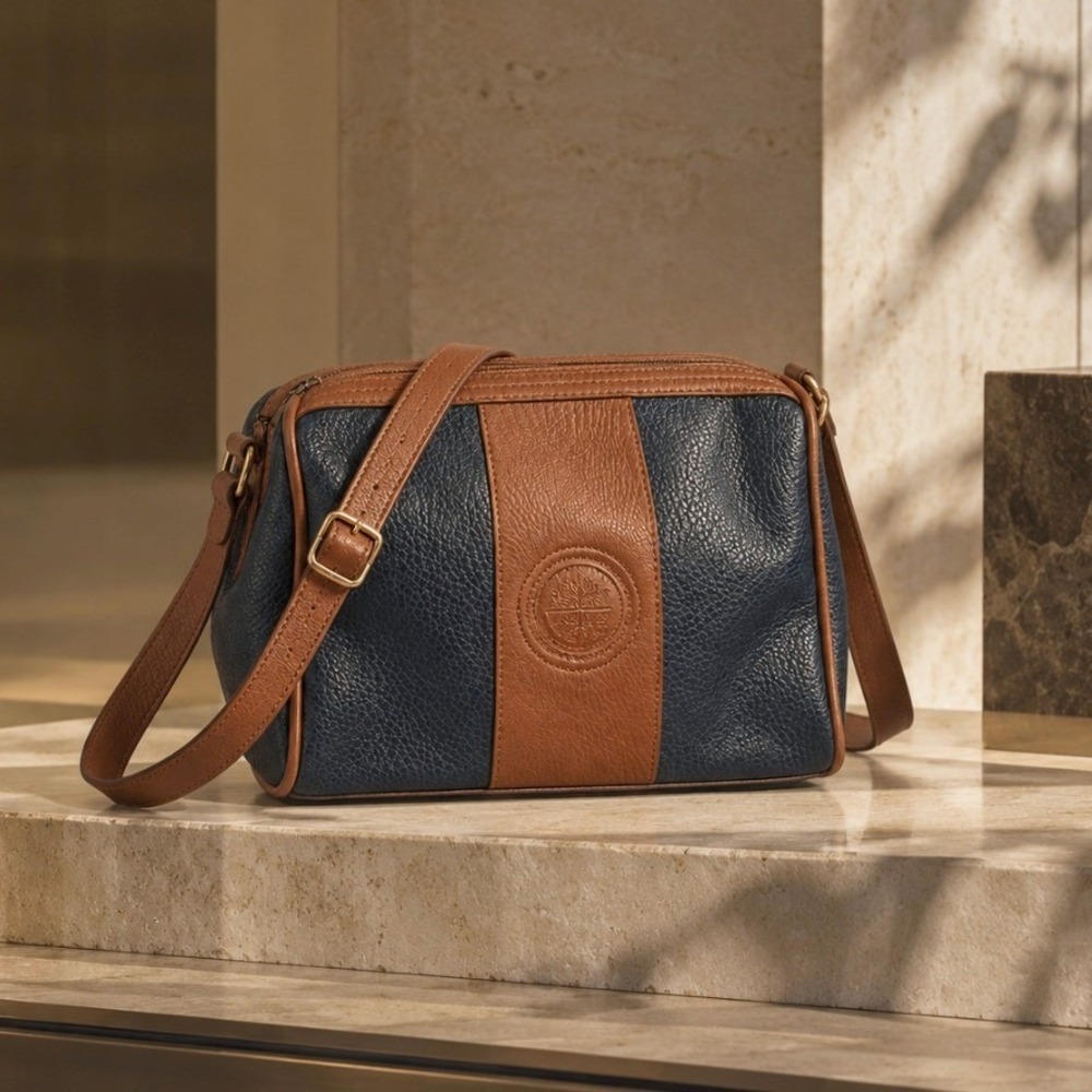 Vintage Crossbody Bag Leather Purse Navy Brown Small Academia Collegiate Travel